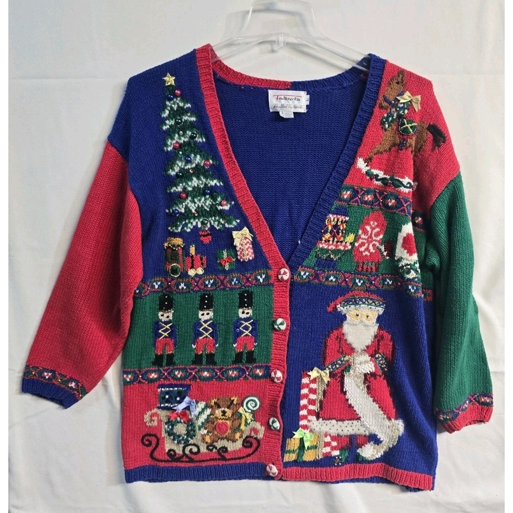 Talbots Christmas Sweater Women's L Hand Knit Vintage Cardigan Vintage